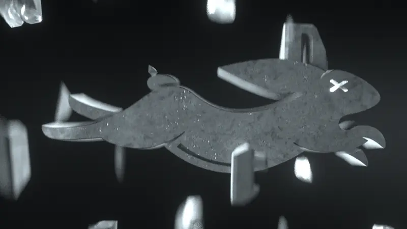 Silver rabbit floating in the dark